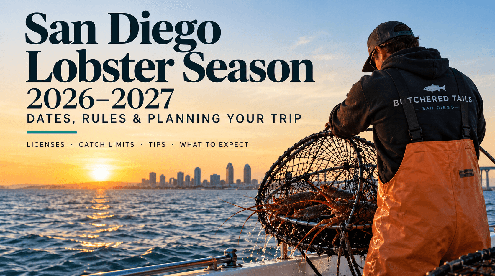 San Diego Lobster Season 2026–2027 guide cover, with a person wearing Butchered Tails gear lifting a hoop net at sunset.