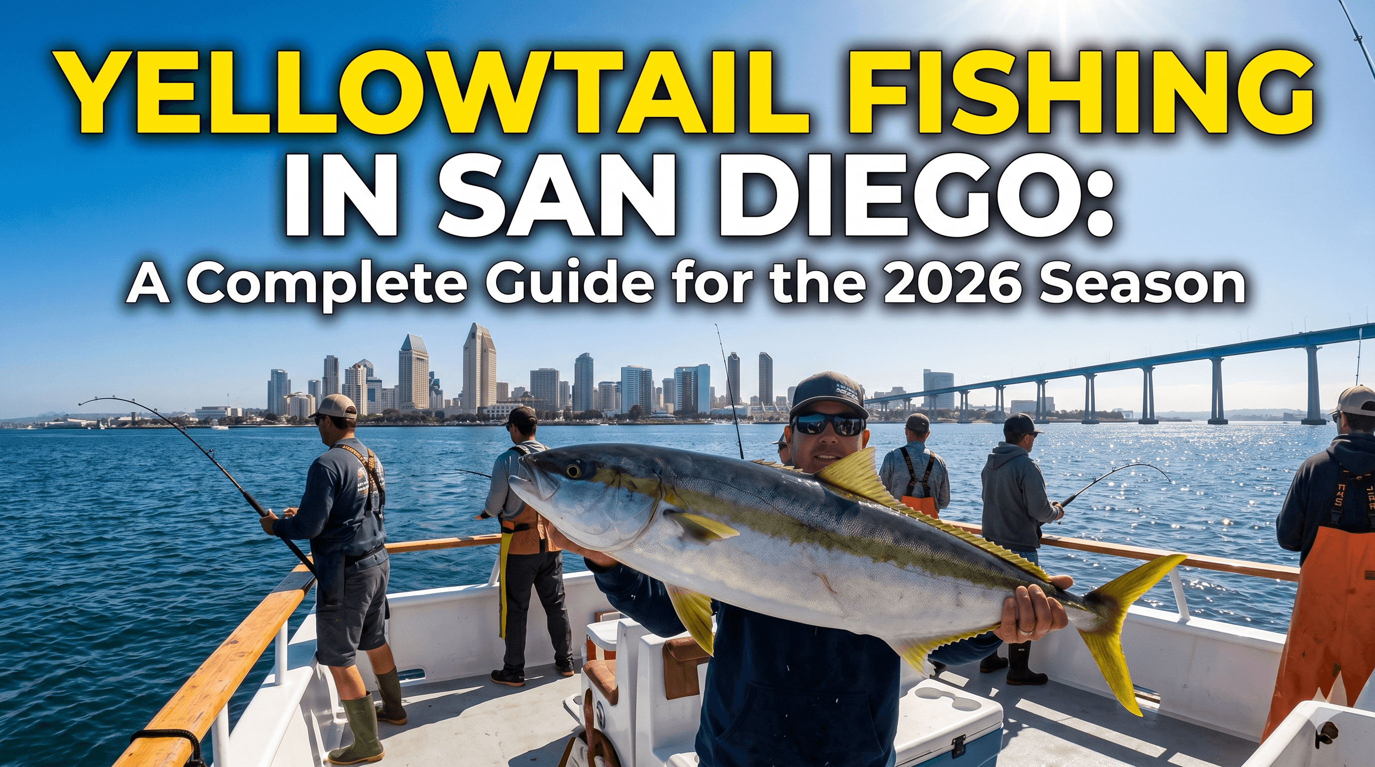 Angler holding a yellowtail on the deck of a sportfishing boat with the San Diego skyline and Coronado Bridge in the background.